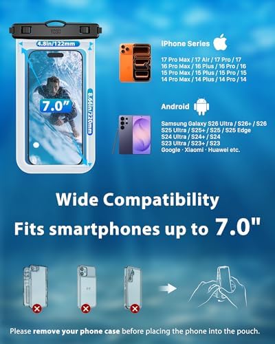 YOSH Waterproof Phone Pouch 2 Pack, 7 inch IPX8 Waterproof Phone Case for Swimming Travel Beach Trip Snorkelling Kayaking, Underwater Case for iPhone 17 16 15 Pro Max Samsung S26 S25 S24 Ultra- Clear - Image 7