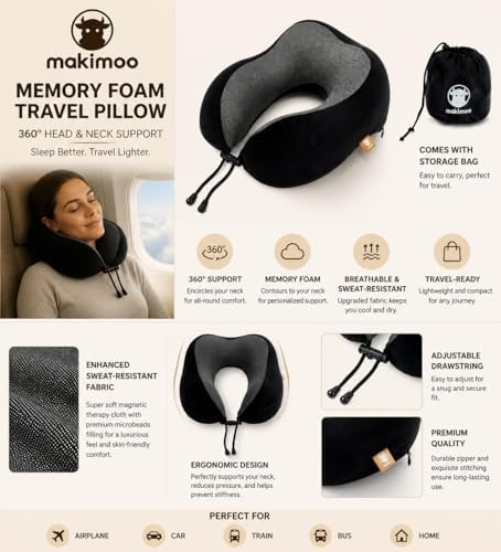 Memory Foam Travel Pillow, Neck Pillow with 360-Degree Head Support, Comfortable and Lightweight, Ideal for Sleeping on Airplane, Car, Train, Bus and Home Use, Comes with Storage Bag (Black) - Image 9