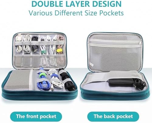 Teskyer Electronics Travel Organizer Bag - Waterproof Cable Organiser, Holiday Essentials Accessories for Men Women, 9.6 x 6.9 Inch, Dark Green - Image 5