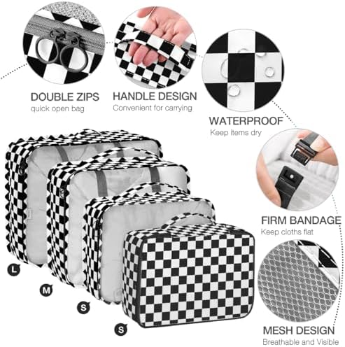 8 Set Packing Cubes for Suitcases,Packing Cube with Shoe, Cosmetics, Clothing, and Accessories Bags Packing Cubes for Travel Luggage Organizer Women Men(Black White Checkered) - Image 3