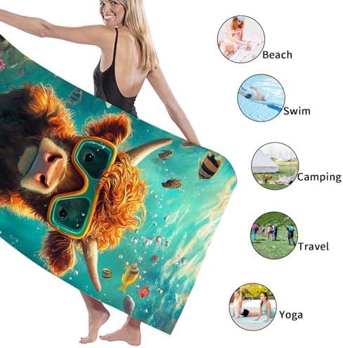 Colorful Highland Cow Beach Towel Microfiber Bohemian Underwater Design Quick Dry Absorbent Sand Free Lightweight Beach Blanket for Pool Gym Vacation Essentials 70x35 Inch - Image 5