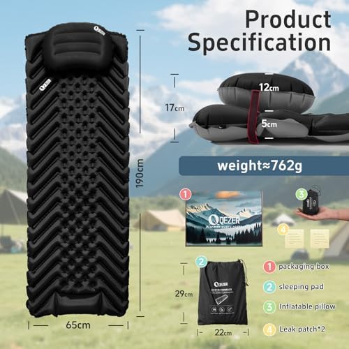 Ultralight Sleeping Mat with Seperate Pillow, only 500g Lightweight and Compact Sleeping Pad for Outdoor Backpacking, Hiking and Traveling (Black) - Image 2