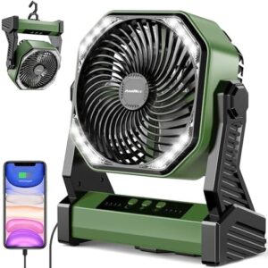20000mAh Battery Powered Camping Fan, 58Hrs Rechargeable Portable Fan, 400LM Light, 360° Hook, Whisper Quiet Battery Operated Fan for Outdoor Car Travel Gear Essentials Power Outages Co-brand AMACOOL