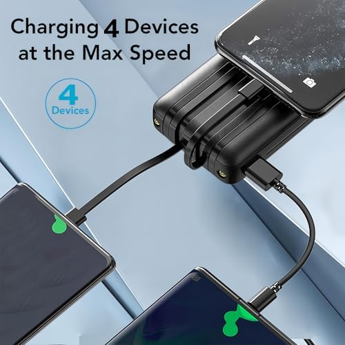 Power Bank Built-in Cable, 20000mAh Fast Charging Portable Charger with Flashlight & 4 Outputs,USB C External Battery Pack for iPhone 16 15 14 Android and More (Black) - Image 4