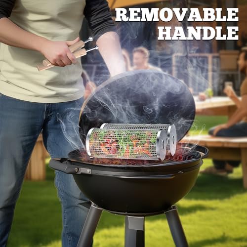 ivtivfu BBQ Rolling Grill Basket Set, Removable Wooden Handle,304 stainless steel,Nesting Grilling Net,BBQ Accessories Tools for Vegetables Shrimp,Outdoor Cooking Camping,Birthday Gifts for men Dad - Image 5