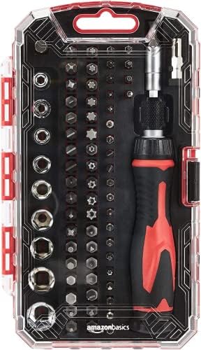 Amazon Basics Magnetic Ratcheting Wrench and Electronics Precision Screwdriver Set, 73 count (Pack of 1), Black, Red, Silver - Image 7