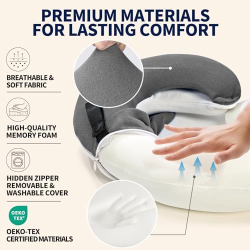 BUYUE Travel Neck Pillows for Airplanes, 360° Head Support Sleep for Long Flight, Skin-Friendly & Breathable, Kit with 3D Contoured Eye Mask, Earplugs and Storage Bag (Adult, Grey, 100+ lbs) - Image 4