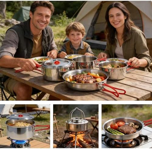 18/8 Stainless Steel Camping Cookware Set, Family Size 6 to 8 People Pots and Pans with Utensils and Kettle, Outdoor Cooking Kit with Carrying Bag - Image 4