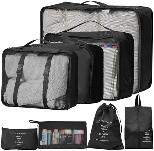 TRIXES 8PC Travel Packing Cubes – All-in-one Holiday Essential – Convenient waterproof storage for all Holiday Clothing, Accessories and Bathroom Products - Black