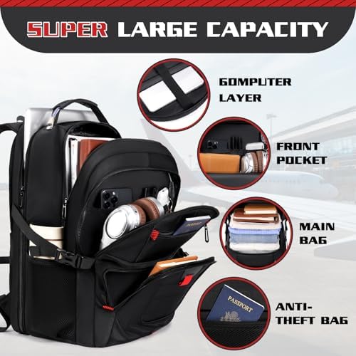 Z-MGKISS Travel Backpack, Large 17.3" Anti-Theft Laptop Rucksack, TSA-Friendly Work Bag with USB Port, Overnight & College Computer Bag for Men Women, Black - Image 3