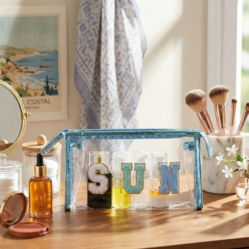 Sibba Clear Sunscreen Makeup Bag, Waterproof Beach Vacation Essentials, Preppy Summer Pool Accessories For Women And Teen Girls, Blue SUN Letter Print Cosmetic Pouch - Image 4