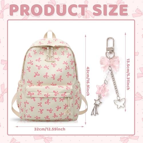 Pink Bow School Backpack for Girls, Kawaii Preppy Aesthetic Rucksack with Adjustable Straps & Cute Keychain, 15L Durable Bookbag for Teens, Primary & Secondary School Students - Image 2