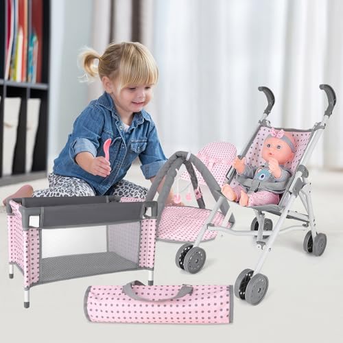 deAO Kids 5 in 1 Baby Doll Pretend Play Set, Baby Doll Accessories Set with Pushchair, Cot, Cradle, Play Mat, Travel Bag for 3+ Years Old Girls (Doll Not Included) - Image 8