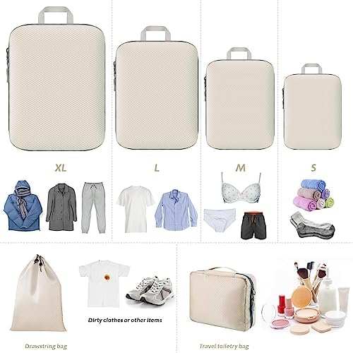 6 Piece Set Compression Packing Cubes For Suitcases Packing Cubes For Travel, With Travel Toiletry Bag and Laundry Bag (Beige) - Image 6