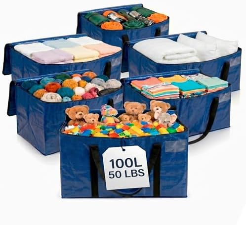 Heavy Duty Moving Boxes or Storage Bags – Storage Bins with Lids, Large Moving Bags with Backpack Straps & Handles – Moving Supplies for College Dorm or Christmas Decorations, 6 Pack