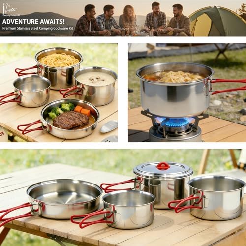 18/8 Stainless Steel Camping Cookware Set, Family Size 6 to 8 People Pots and Pans with Utensils and Kettle, Outdoor Cooking Kit with Carrying Bag - Image 3