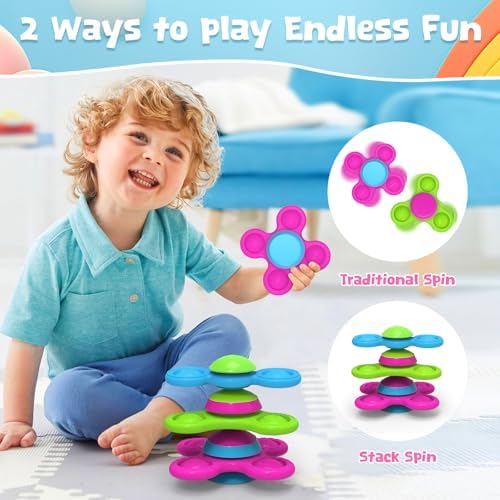 Suction Toys 3PCS Silicone Sensory Toys for Babies 10+ Months Suction Cup Spinner Toys Baby Bath Toys Fidget Spinners for Kids High Chair Travel Toys for Sensory Development(Stackable-Star) - Image 6