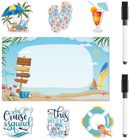 Cruise Door Magnets Decorations, 7PCS Beach Vacation Cruise Magnets, Cruising Essentials Customizable Magnetic Ship Cabin Door Signs Fridge Decor, with 2PCS Pens