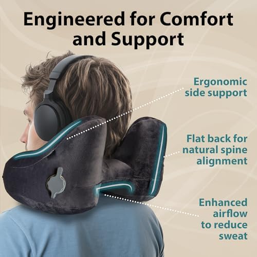 FLOWZOOM AIR Travel Neck Pillow for Airplane Inflatable Hooded Black Size L | H-Shape Support, 5 Sleep Positions, Adjustable Firmness, Washable Cover, Earplugs, Compact and Light 260g, For Plane Car Bus - Image 3
