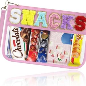Buycard Snack Bag for Travel with Chenille Letter Patch-Preppy Waterproof Pouch for Travel, Makeup, Gym,Zippered Cosmetic Tote for Women & Girls,Holiday Essentials. (Pink)
