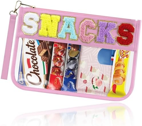 Buycard Snack Bag for Travel with Chenille Letter Patch-Preppy Waterproof Pouch for Travel, Makeup, Gym,Zippered Cosmetic Tote for Women & Girls,Holiday Essentials. (Pink)