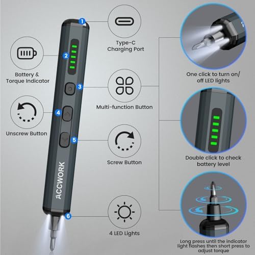 Mini Electric Screwdriver, 68 in 1 Precision Screwdriver Set with 64 Magnetic Bits, 5 Torque Settings, 4 LED Lights, Rechargeable Repair Tool Kit for Electronics, Phone, Camera, Laptop, Watch - Image 2