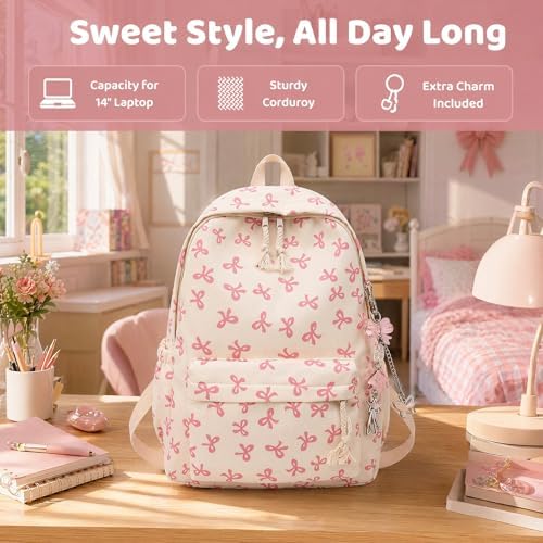 Pink Bow School Backpack for Girls, Kawaii Preppy Aesthetic Rucksack with Adjustable Straps & Cute Keychain, 15L Durable Bookbag for Teens, Primary & Secondary School Students - Image 8