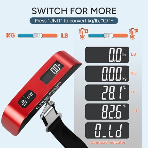 travel inspira Luggage Scale, Portable Suitcase Weighing Scales, Travel Accessories for Luggage, 110lb/50kg, Unit Conversion, Temperature Measurement, Auto Off, Battery Included (Red) - Image 3