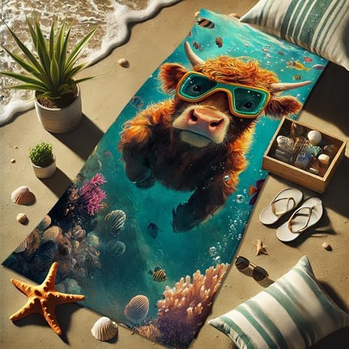 Colorful Highland Cow Beach Towel Microfiber Bohemian Underwater Design Quick Dry Absorbent Sand Free Lightweight Beach Blanket for Pool Gym Vacation Essentials 70x35 Inch - Image 4