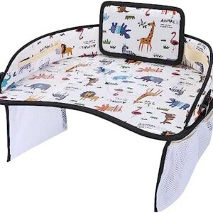 Kids Travel Tray Car Seat Activity and Play Tray Organizer for Children and Toddlers Lap Desk with Tablet Phone Holder Waterproof and Foldable (Animals)