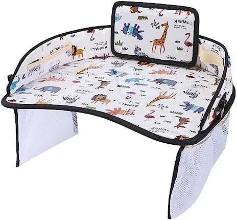 Kids Travel Tray Car Seat Activity and Play Tray Organizer for Children and Toddlers Lap Desk with Tablet Phone Holder Waterproof and Foldable (Animals)