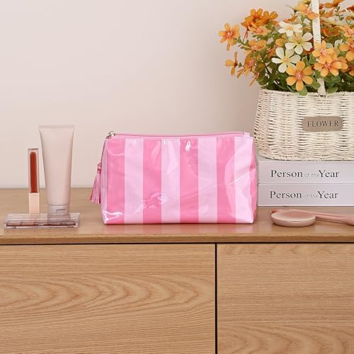 DYSHAYEN Makeup Bags for Purse,Small Clear Coated Cosmetic Bags for Women Girls, Waterproof Travel Organizer Zipper Pouch Beach Vacation Essentials, Pink-Hot Pink, 10x3.5x5.5 inches, Clear - Image 6