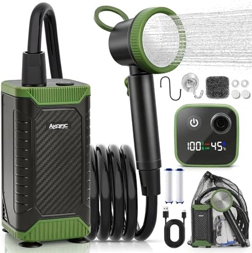 Portable Camping Shower, 8000mAh Rechargeable Camping Shower Pump with Intelligent LED Display, IPX8 Waterproof Outdoor Shower Kit for Hiking, Travel, Car, Pet, Campervan, Army Green