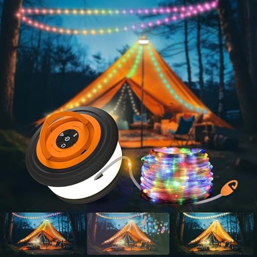 TOHETO Camping String Lights, 3 in 1 Upgraded Retractable RGB Outdoor String Lights with 19 Lighting Modes,Quick 30s Recovery, 32.8 FT Portable Tent Lights, Rechargeable Camping Lantern (Black&Orange) - Image 9