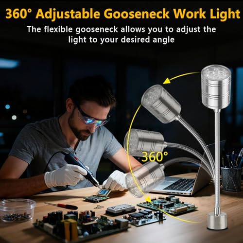 Magnetic Work Light, 10W 6500K LED Machine Light with Flexible Gooseneck & Strong Magnetic Base for Workbench, Sewing, Lathe, Grill, Shop, Industrial Lighting (Silver) - Image 3