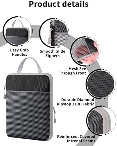 Compression Packing Cubes for Carry on Suitcase, 6 Set Travel Luggage Packing Organizer Bag with Mesh, Extensible Luggage Suitcase, Multifunction Organisers, Black - Image 2