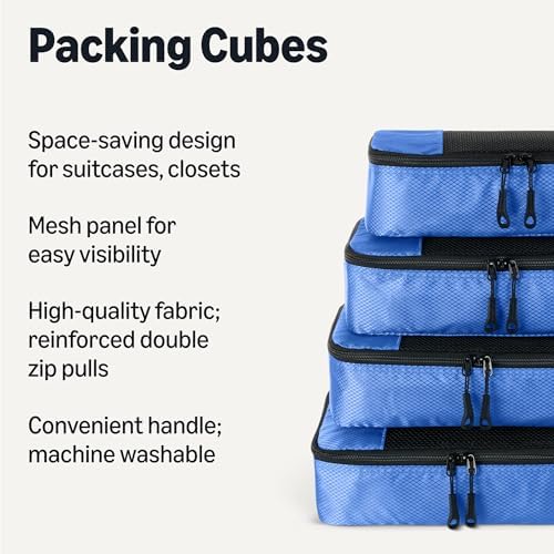 Amazon Essentials 4-Piece Packing Cubes Travel Accessories Set, Luggage Organiser with Double Zip, Mesh Top, 100% Polyester, Medium, Blue (Previously Amazon Basics) - Image 2