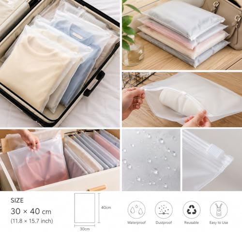Reusable Ziplock Storage Bags for Travel, Waterproof Zip Organiser Bags for Clothes, Shoes, Cosmetics, Frosted Packing Pouches for Baby Essentials, 30pcs 30x40cm - Image 3