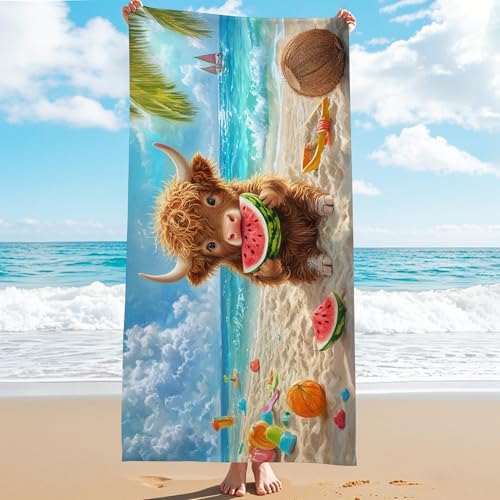 Cute Highland Cow Beach Towel Kids Beach Blanket, Fun Fanciful Design Quick Dry Soft Absorbent Sand Free Beach Essentials for Summer Vacations Pool 70x35 Inch - Image 2