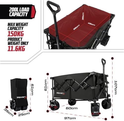 MoverX 200L Festival Trolley on Wheels, Folding Wagon, Portable Camping Cart, Collapsible Foldable Trolly for Beach Outdoor Garden Picnic Shopping Fishing, Wide Wheels, Adjustable Handle, Black - Image 3