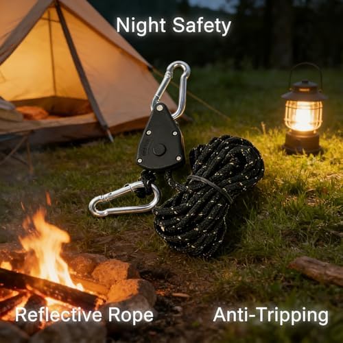 4-Pack Heavy Duty Metal Pulley Rope Adjuster Kit with 4mm Paracord & Hooks - Complete Tensioner System for Camping, Tent Guy Lines, Tarps, Hammocks and Outdoor Gear - Image 4