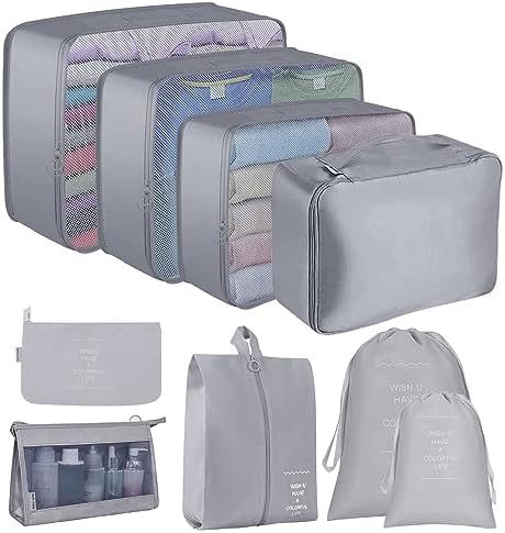 Packing Cubes for Suitcase,Lychico 9pcs Travel Luggage Packing Organizers Waterproof Travel Essentials Bag Clothes Shoes Storage Bags, Gray