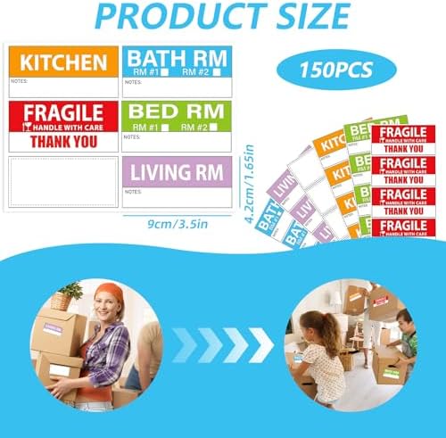 150PCS Home Moving Labels, 90x42mm 5 Color Coding Labels Packing Box Stickers with 25 Fragile and Blank Customizable Writable for House Wardrobe Furniture Apartment Moving House Essentials - Image 2