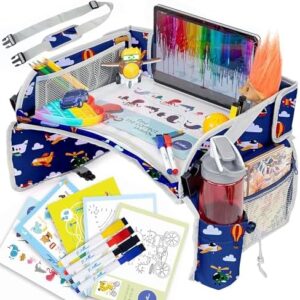 PILLANI Kids Travel Tray for Car - Toddler Airplane Travel Essentials w/ Activity Sheets, Pens & Dry Erase Board - Kids Travel - Must Have Toddler Lap Desk Organizer for Airplane - Travel Accessories