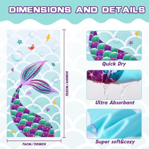 WERNNSAI Beach Towel for Kids, 76 x 150cm Mermaid Microfibre Quick Dry Sand Free Pool Towel for Girls Super Absorbent Bath Pool Camping Holiday Essentials Travel Towels for Summer - Image 4