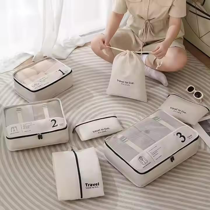 7 Piece Packing Cubes Set for Suitcases | Luxury Travel Organiser Bags | Compression Luggage Cubes with Shoe Bag & Pouches | Beige | Brand New - Image 3