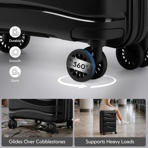 Kono Suitcase Set of 2, Lightweight Cabin Suitcase with Small Travel Case, Hard Shell PP Carry On Luggage for Short Trips, TSA Lock, Spinner Wheels & YKK Zips, Black - Image 5