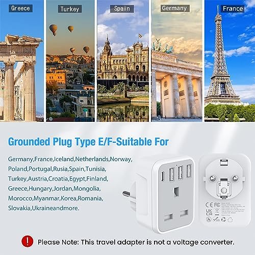 2 Pcak European to UK Plug Adaptor with 4 USB Ports(1 USB C), UK to EU Euro European Plug Adapter Grounded for Germany Spain France Iceland Greece Poland Netherlands Austria Turkey, etc (Type E/F) - Image 6