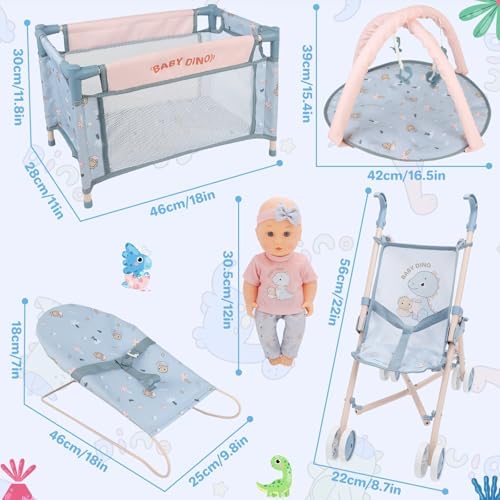deAO 6 in 1 Baby Doll Accessories Set, Baby doll Pretend Role Playset with Dolls Cot, Dolls Pushchair,Play Mat, Swing Crib, Travel Bag for 3+ Years Old Kids Girls (Doll Included) | Pretend Play Set with Doll Stroller, Cot, Play Mat, Bouncer, Travel bag & Baby Doll, Imaginative Role Play Toys for kids - Image 6