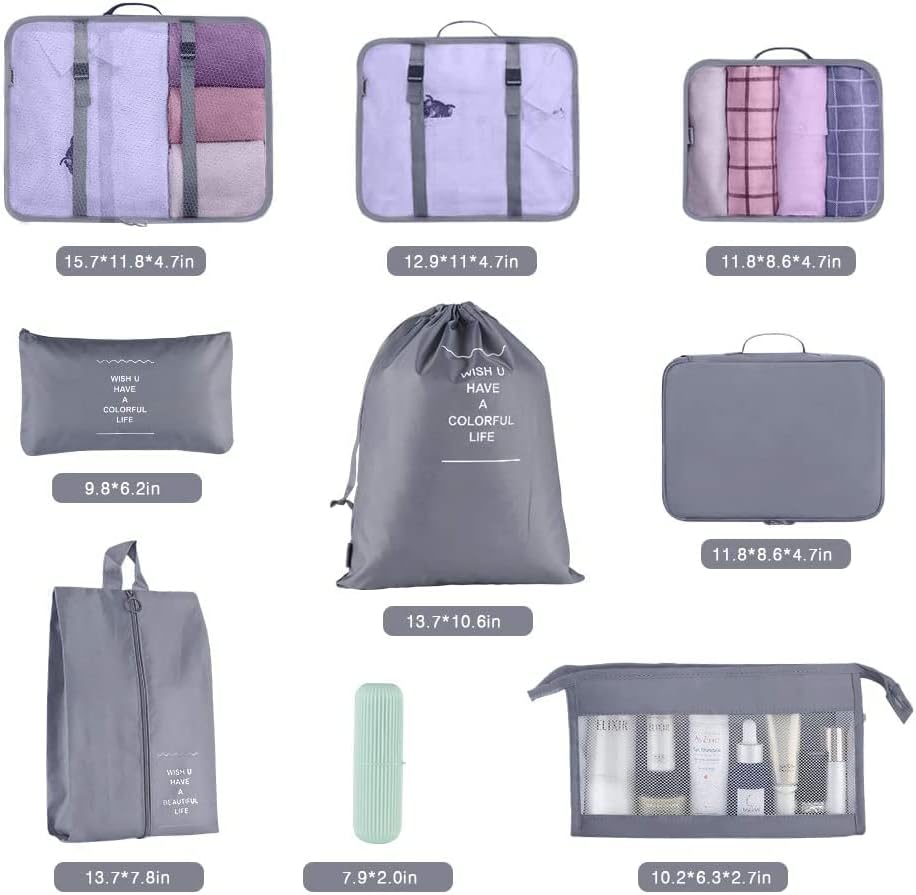 Packing Cubes for Suitcase,Geediar 9 PCS Travel Luggage Packing Organizers Waterproof Travel Essentials Bag Clothes Shoes Cosmetics Toiletries Storage Bags(a-Grey) - Image 7